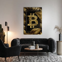 Slika na platnu s motivom bitcoin simbol sa zlatnim novčićima i lišćem obješena u modernom stilskom interijeru iznad drvene konzole s vazom i svijećom, Papilora.
