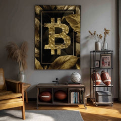 Slika na platnu s motivom bitcoin simbol sa zlatnim novčićima i lišćem obješena u modernom stilskom interijeru iznad drvene konzole s vazom i svijećom, Papilora.