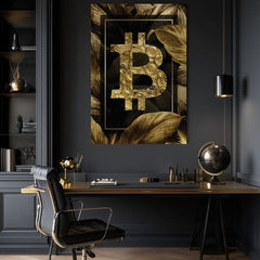 Slika na platnu s motivom bitcoin simbol sa zlatnim novčićima i lišćem obješena u modernom stilskom interijeru iznad drvene konzole s vazom i svijećom, Papilora.