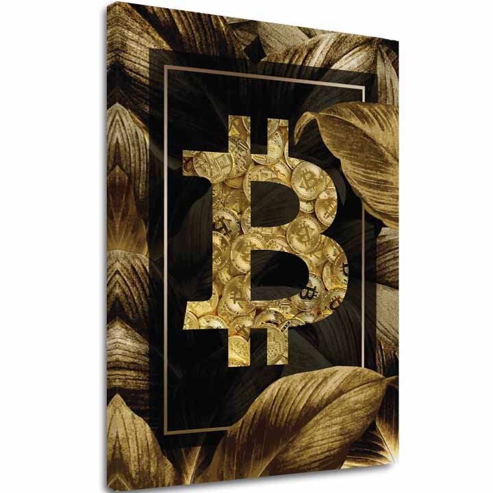 Slika na platnu s motivom bitcoin simbol sa zlatnim novčićima i lišćem – 3D prikaz platna s vidljivim drvenim okvirom, Papilora.