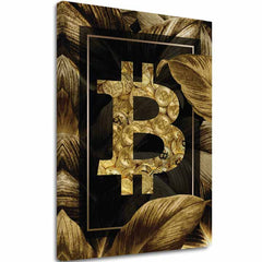 Slika na platnu s motivom bitcoin simbol sa zlatnim novčićima i lišćem – 3D prikaz platna s vidljivim drvenim okvirom, Papilora.