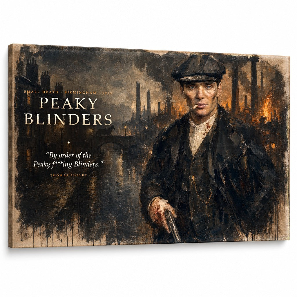 Dramatičan portret Thomasa Shelbyja iz serije Peaky Blinders na kvalitetnom pamučnom platnu za moderan interijer, Papilora.