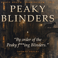 Detaljan prikaz visoke rezolucije slike Peaky Blinders s istaknutim citatom i teksturom platna koja naglašava vrhunsku kvalitetu tiska.