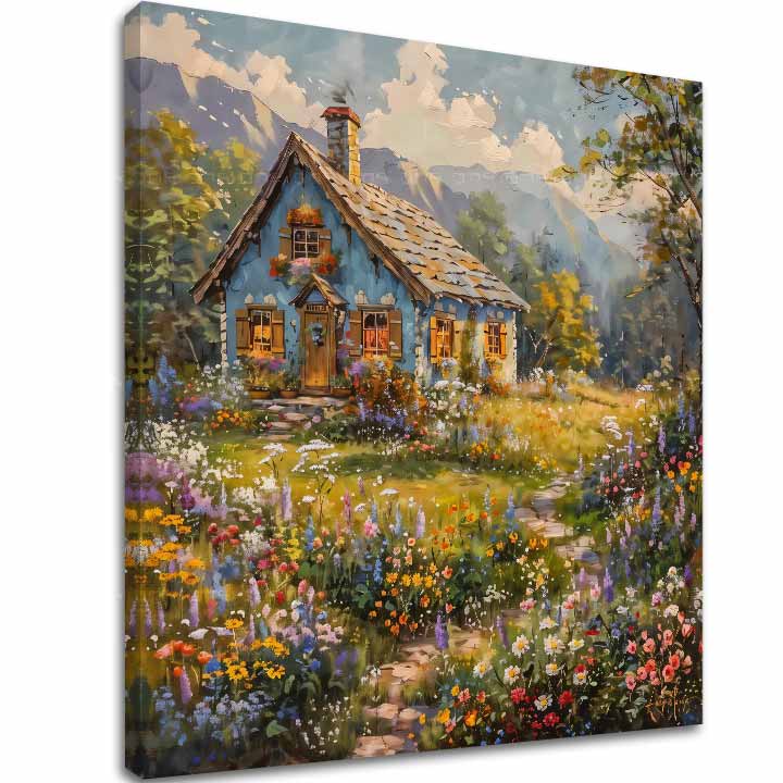Slika na platnu s motivom plava kućica u cvjetnom polju – 3D prikaz platna s vidljivim drvenim okvirom, Papilora.