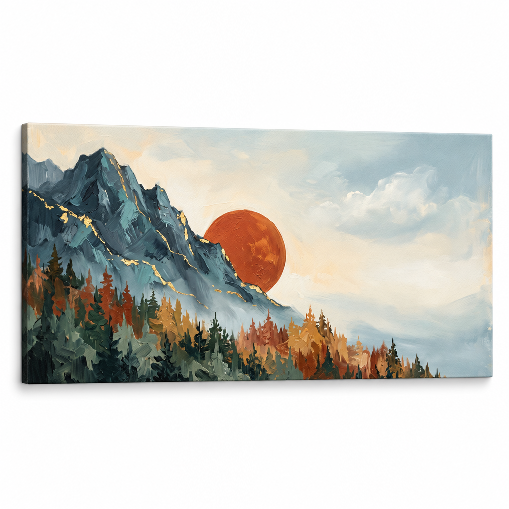 Panoramska slika planina sa zalaskom sunca na kvalitetnom platnu s vidljivim drvenim okvirom, vrhunski Papilora Premium Art dizajn.