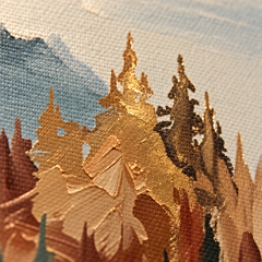 Makro detalj teksture impasto poteza kistom na slici planina, vidljivi reljef i umjetnička kvaliteta, Papilora Crafted for Home.