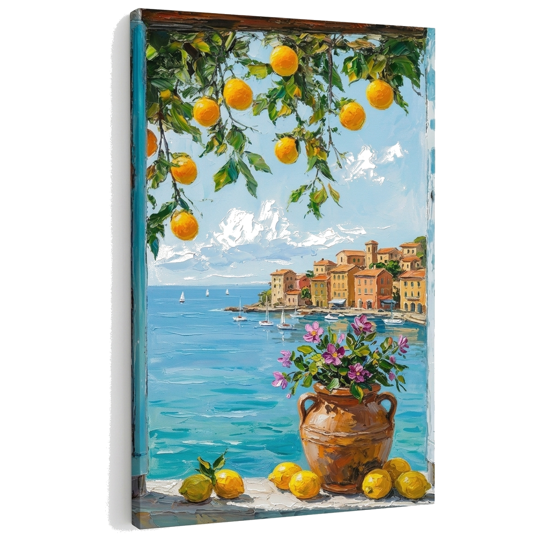 Ručno oslikana premium slika na platnu sa zlatnim akcentima s motivom mediteranski krajolik s limunima i morem – 3D prikaz platna s vidljivim drvenim okvirom, Papilora.