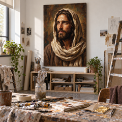 Umjetnik u ateljeu ručno nanosi akrilne boje na portret Isusa Krista, stvarajući unikatno djelo s izraženim 3D impasto efektom.