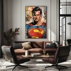 Ručno oslikana premium slika na platnu sa zlatnim akcentima s motivom superman pop art kolaž obješena u modernom stilskom interijeru iznad drvene konzole s vazom i svijećom, Papilora.