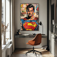 Ručno oslikana premium slika na platnu sa zlatnim akcentima s motivom superman pop art kolaž obješena u modernom stilskom interijeru iznad drvene konzole s vazom i svijećom, Papilora.