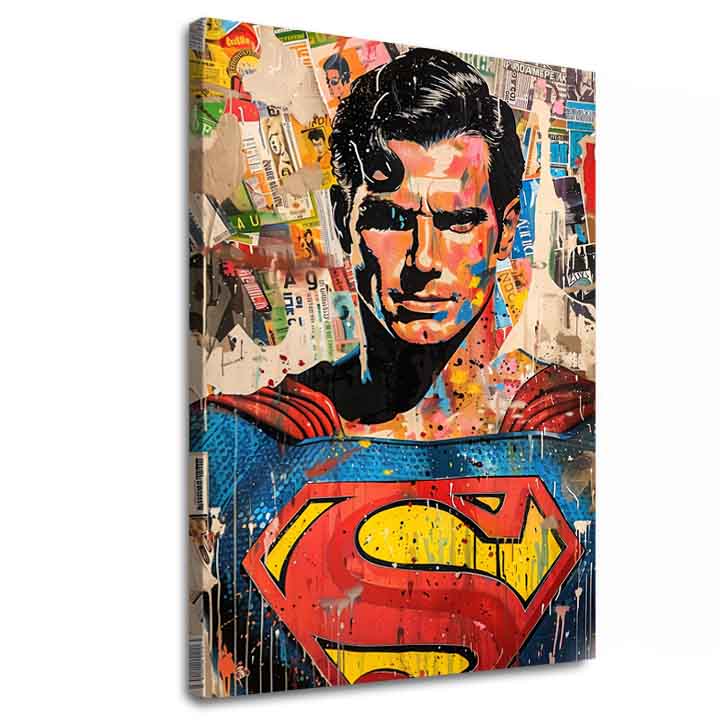 Ručno oslikana premium slika na platnu sa zlatnim akcentima s motivom superman pop art kolaž – 3D prikaz platna s vidljivim drvenim okvirom, Papilora.