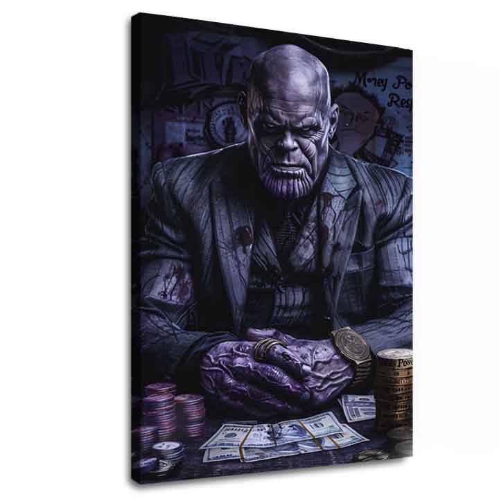 Slika na platnu s motivom thanos u odijelu s novcem – 3D prikaz platna s vidljivim drvenim okvirom, Papilora.