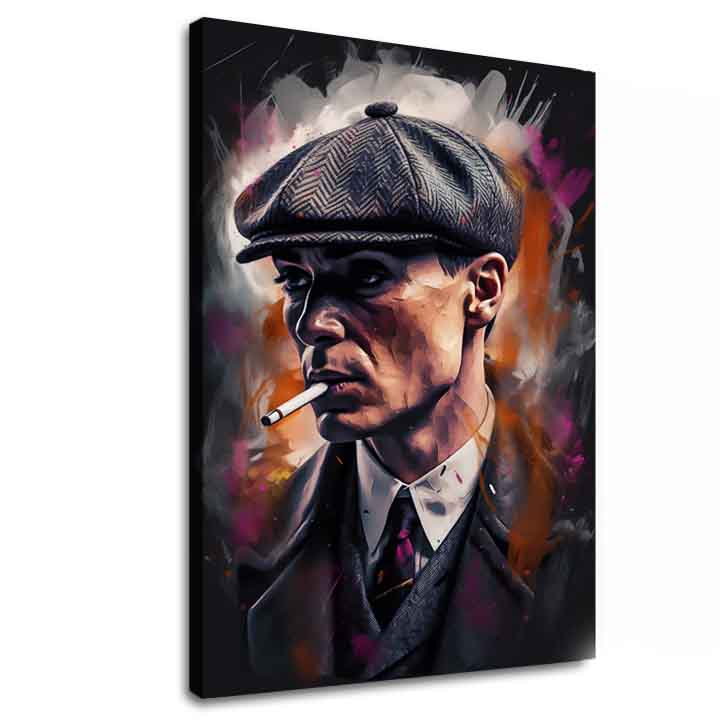 Ručno oslikana premium slika na platnu sa zlatnim akcentima s motivom muškarac s kapom i cigaretom – 3D prikaz platna s vidljivim drvenim okvirom, Papilora.