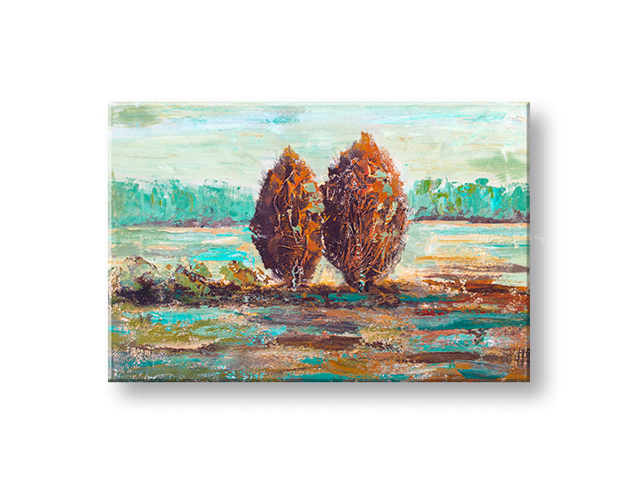 Papilora slika 90x60 cm prikazuje drevesa v naravi. Impresionistični slog, akril na platnu, prevladujejo rjavi in zeleni odtenki. Idealna za dnevno sobo. Izdelano v EU.