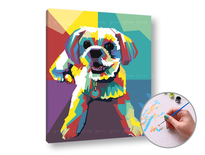 Slika na platnu s motivom šareni pas u pop art stilu – 3D prikaz platna s vidljivim drvenim okvirom, Papilora.