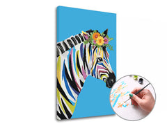 Slika na platnu s motivom šarena zebra s cvjetnim vijencem – 3D prikaz platna s vidljivim drvenim okvirom, Papilora.