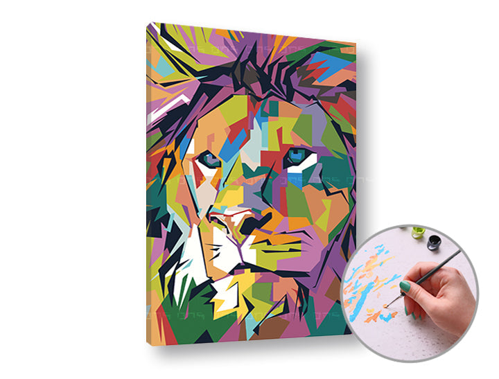 Slika na platnu s motivom šareni lav u pop art stilu – 3D prikaz platna s vidljivim drvenim okvirom, Papilora.