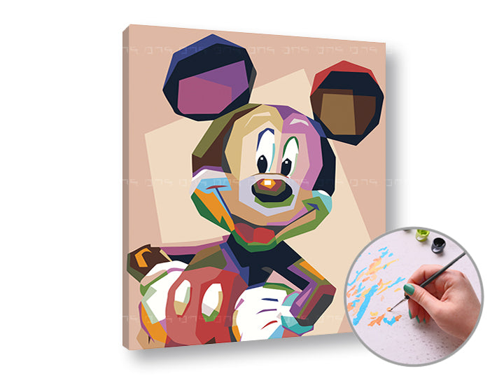 Slika na platnu s motivom mickey mouse u pop art stilu – 3D prikaz platna s vidljivim drvenim okvirom, Papilora.