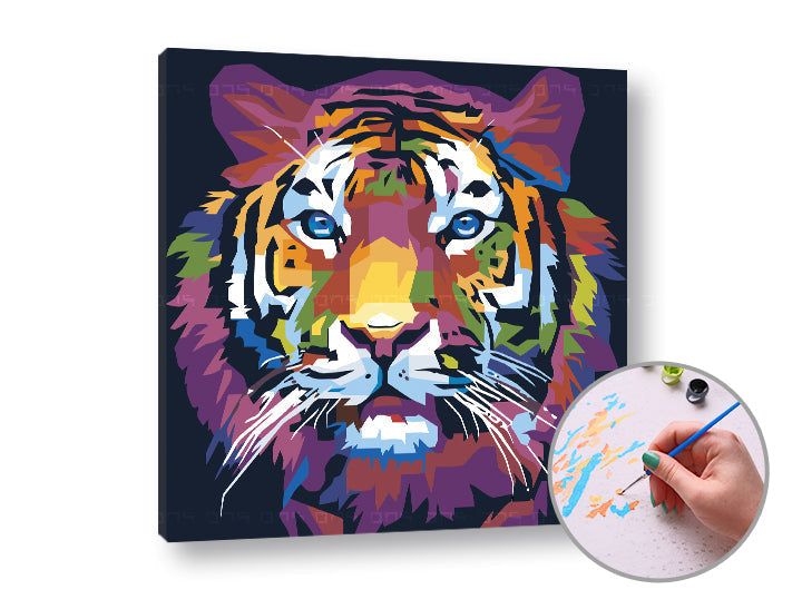 Slika na platnu s motivom šareni tigar pop art – 3D prikaz platna s vidljivim drvenim okvirom, Papilora.