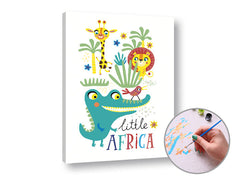 Slika na platnu s motivom crtani afrički životinje s natpisom – 3D prikaz platna s vidljivim drvenim okvirom, Papilora.