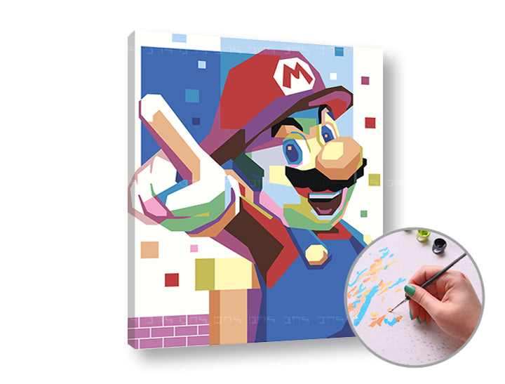Slika na platnu s motivom mario u pop art stilu – 3D prikaz platna s vidljivim drvenim okvirom, Papilora.