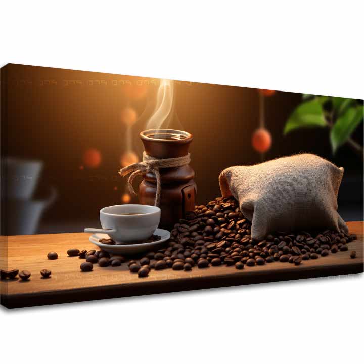 Slika na platnu s motivom šalica kave, zrna kave i vrč – 3D prikaz platna s vidljivim drvenim okvirom, Papilora.