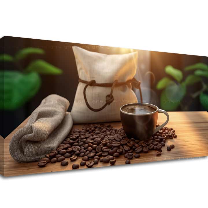 Slika na platnu s motivom šalica kave i zrna kave – 3D prikaz platna s vidljivim drvenim okvirom, Papilora.