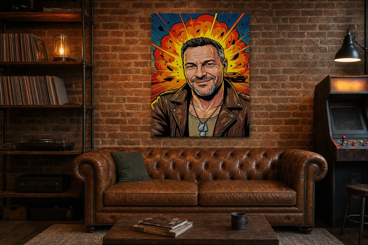 Akcijska pop-art slika na platnu iznad kožne sofe u loft dnevnom boravku sa zidom od opeke – poklon za muškarca, Papilora