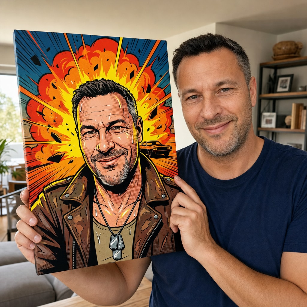 Muškarac drži svoju strip pop-art sliku iz fotografije uz lice – vjerna sličnost kao akcijski junak, Papilora