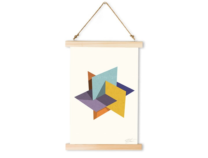 Slika na platnu s motivom apstraktni geometrijski oblici u boji – 3D prikaz platna s vidljivim drvenim okvirom, Papilora.