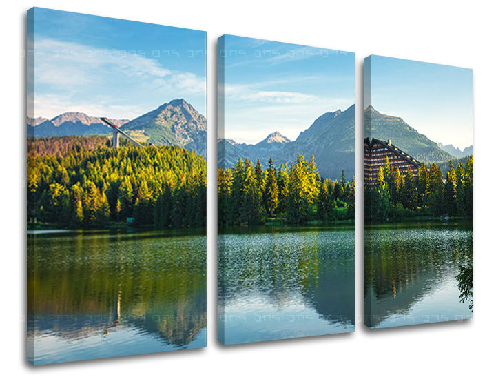 Slika na platnu s motivom planinsko jezero, šuma i skakaonica – 3D prikaz platna s vidljivim drvenim okvirom, Papilora.