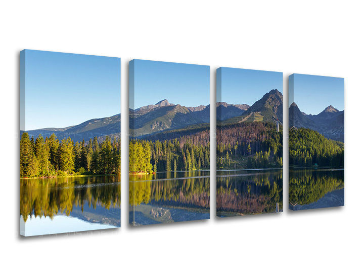 Slika na platnu s motivom planinsko jezero s borovom šumom i odrazom – 3D prikaz platna s vidljivim drvenim okvirom, Papilora.