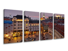 Slika na platnu s motivom panoramski pogled na bratislavu noću – 3D prikaz platna s vidljivim drvenim okvirom, Papilora.