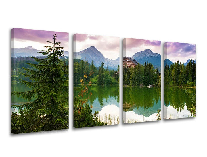 Slika na platnu s motivom planinsko jezero s borovima i kućom – 3D prikaz platna s vidljivim drvenim okvirom, Papilora.