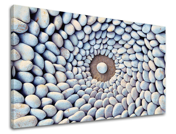 Slika na platnu s motivom bijelo kamenje u spirali – 3D prikaz platna s vidljivim drvenim okvirom, Papilora.