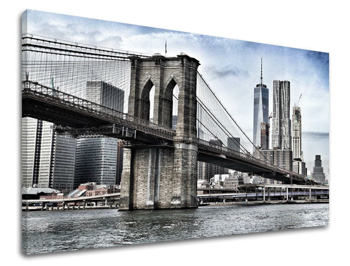 Slika na platnu s motivom brooklynski most i panorama new yorka – 3D prikaz platna s vidljivim drvenim okvirom, Papilora.