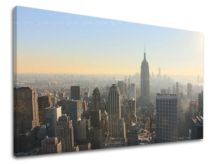 Slika na platnu s motivom panoramski pogled na grad new york – 3D prikaz platna s vidljivim drvenim okvirom, Papilora.