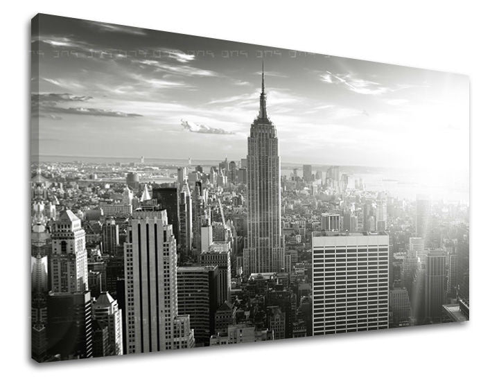 Slika na platnu s motivom panoramski pogled na new york, crno-bijelo – 3D prikaz platna s vidljivim drvenim okvirom, Papilora.