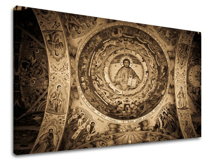 Slika na platnu s motivom freske na stropu crkve, sepia – 3D prikaz platna s vidljivim drvenim okvirom, Papilora.
