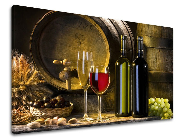 Slika na platnu s motivom bačve za vino, boce i čaše – 3D prikaz platna s vidljivim drvenim okvirom, Papilora.