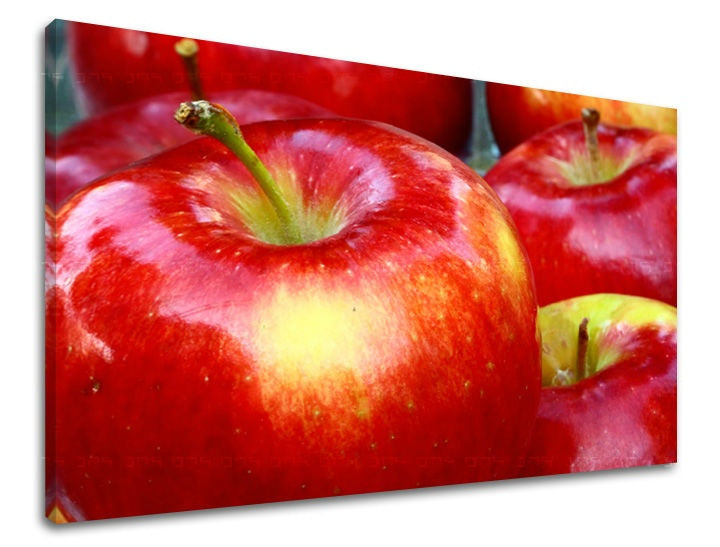 Slika na platnu s motivom crvene jabuke s peteljkama – 3D prikaz platna s vidljivim drvenim okvirom, Papilora.