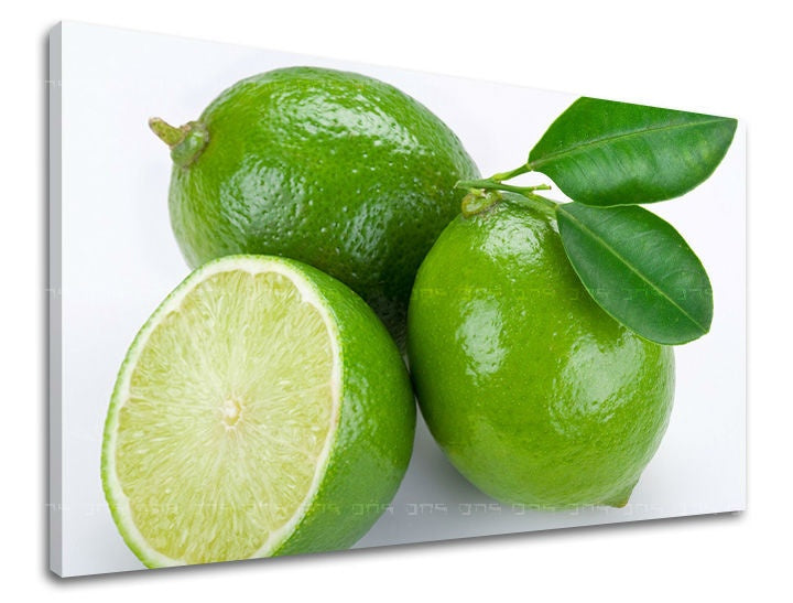 Slika na platnu s motivom zelene limete s listovima – 3D prikaz platna s vidljivim drvenim okvirom, Papilora.