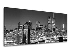 Slika na platnu s motivom brooklynski most i panorama grada noću – 3D prikaz platna s vidljivim drvenim okvirom, Papilora.