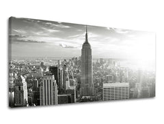Slika na platnu s motivom panoramski pogled na new york, crno-bijelo – 3D prikaz platna s vidljivim drvenim okvirom, Papilora.