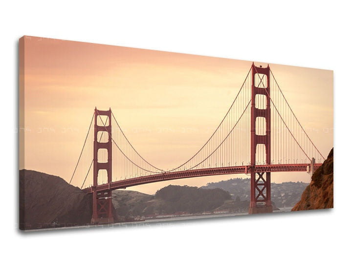 Slika na platnu s motivom most golden gate zalazak sunca – 3D prikaz platna s vidljivim drvenim okvirom, Papilora.