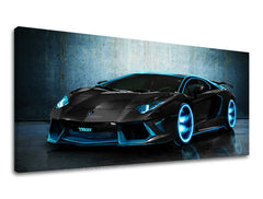 Slika na platnu s motivom crni sportski automobil s plavim svjetlima – 3D prikaz platna s vidljivim drvenim okvirom, Papilora.
