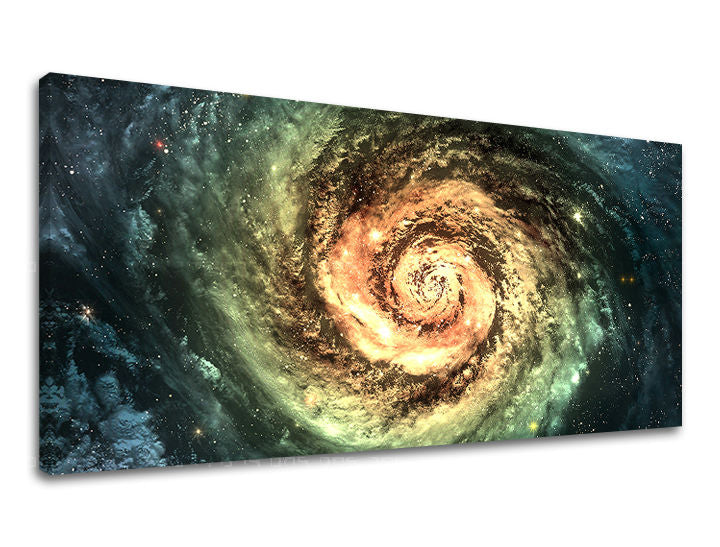Slika na platnu s motivom spiralna galaksija u svemiru – 3D prikaz platna s vidljivim drvenim okvirom, Papilora.