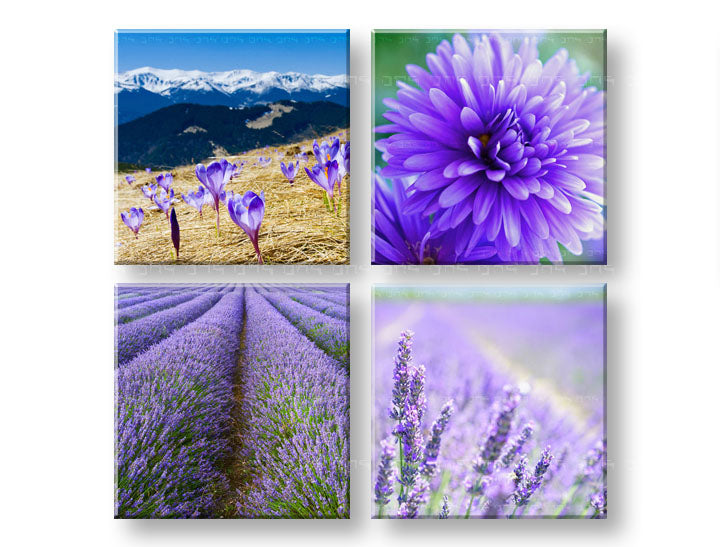 Slika na platnu s motivom ljubičasto cvijeće i planinski krajolik – 3D prikaz platna s vidljivim drvenim okvirom, Papilora.