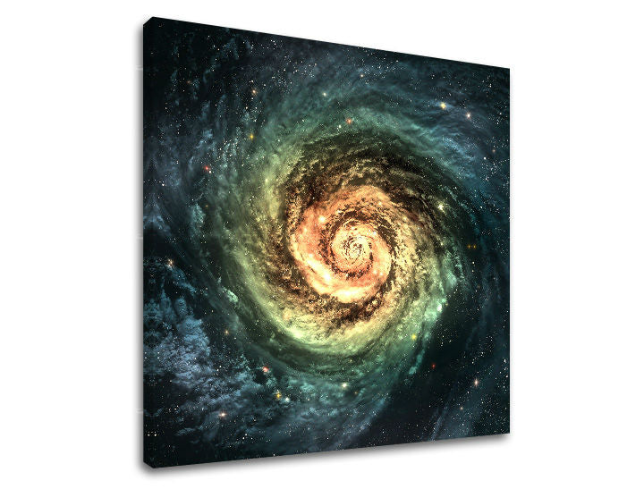 Slika na platnu s motivom spiralna galaksija u svemiru – 3D prikaz platna s vidljivim drvenim okvirom, Papilora.