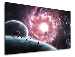 Slika na platnu s motivom planeti i galaksija u svemiru – 3D prikaz platna s vidljivim drvenim okvirom, Papilora.